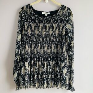 Rose + Olive Long Sleeve Top Black Cream Tan Smocked Flowy Office Work EUC Small